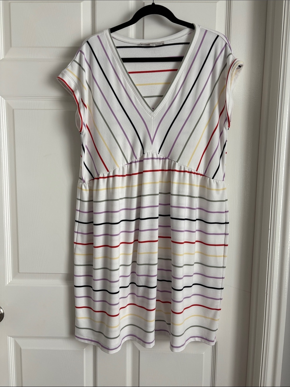 Striped V-Neck Swim Cover-up in White with Multi-Color Stripes